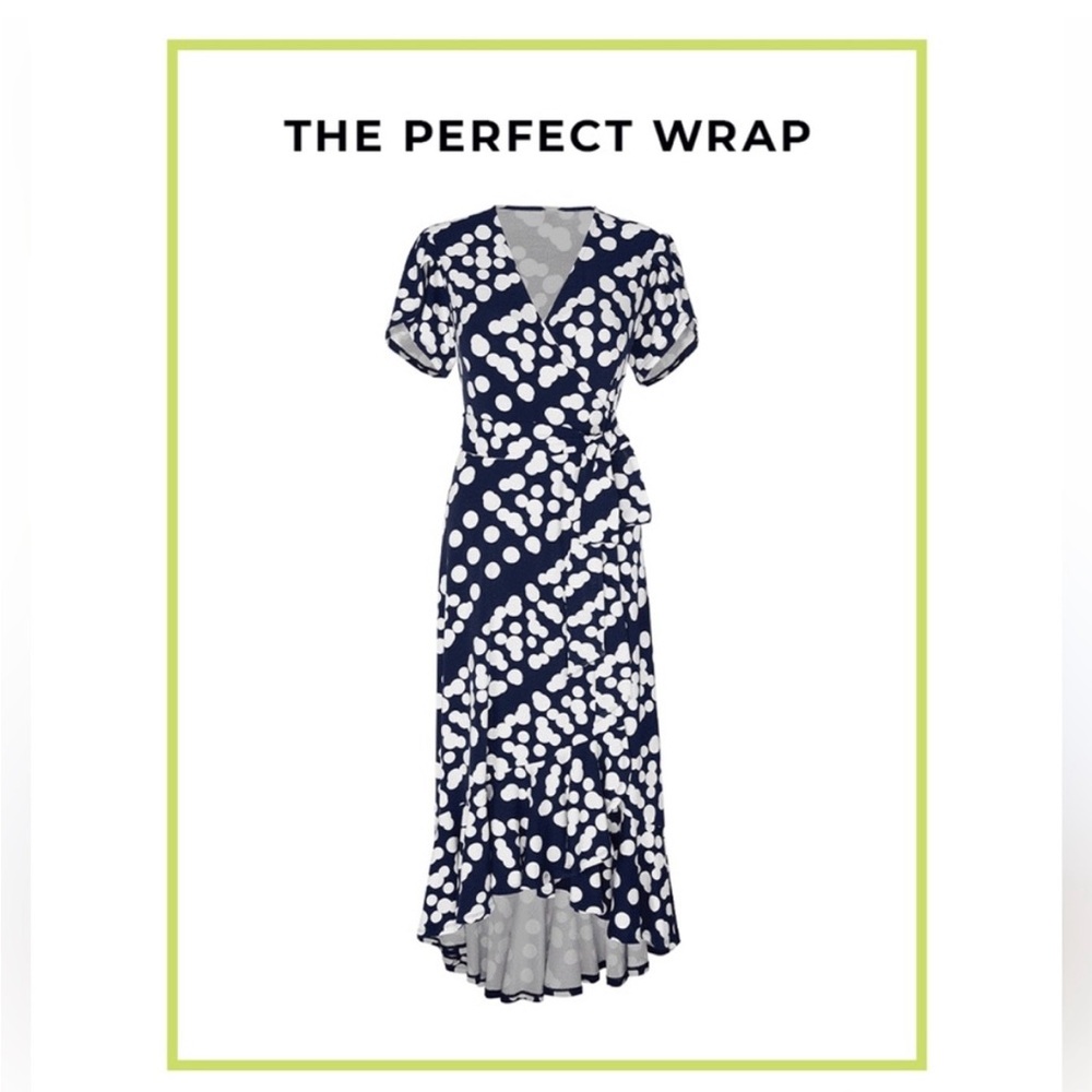 Cabi Navy and White Polka Dot Perfect Wrap Dress XS